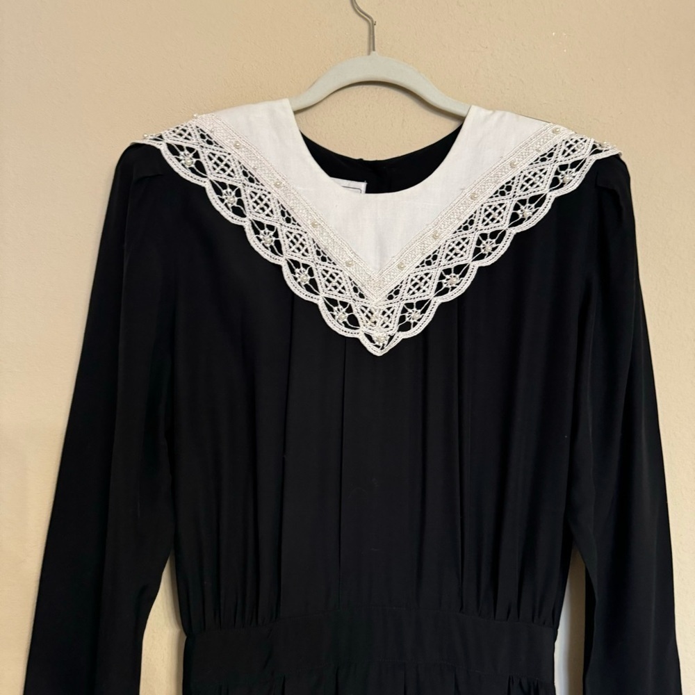 Vintage 80s Karin Stevens Lace Bib Collar Pleated Black Midi Dress Sz 14 Cottage